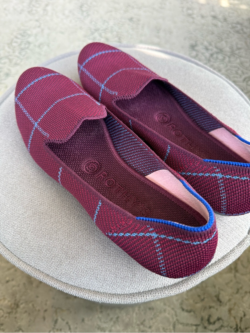 Rothy's Burgundy Knit Slip-On Loafers with Light Blue Trim